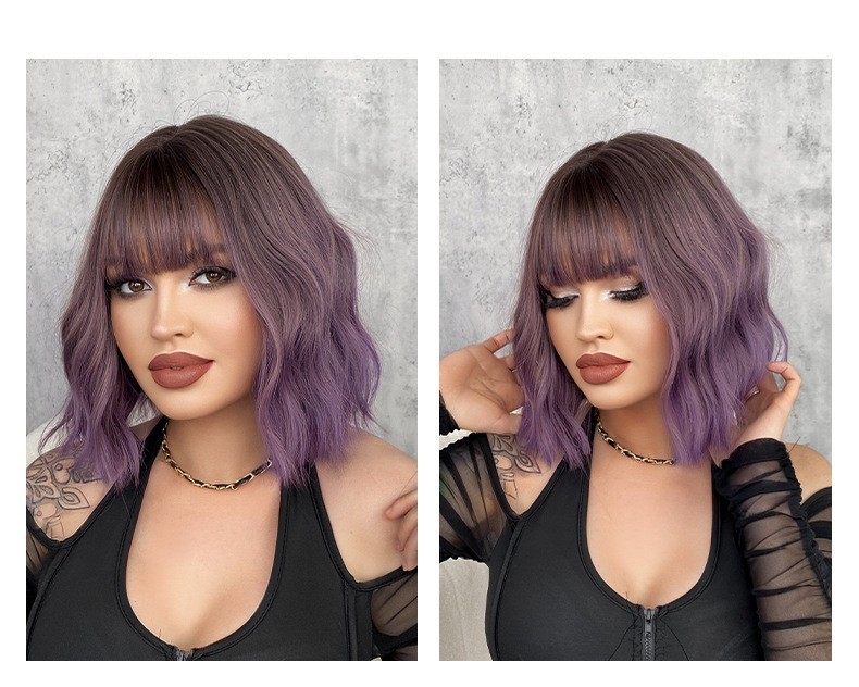 10-inch purple Bob short wavy curly wig with wave patterns