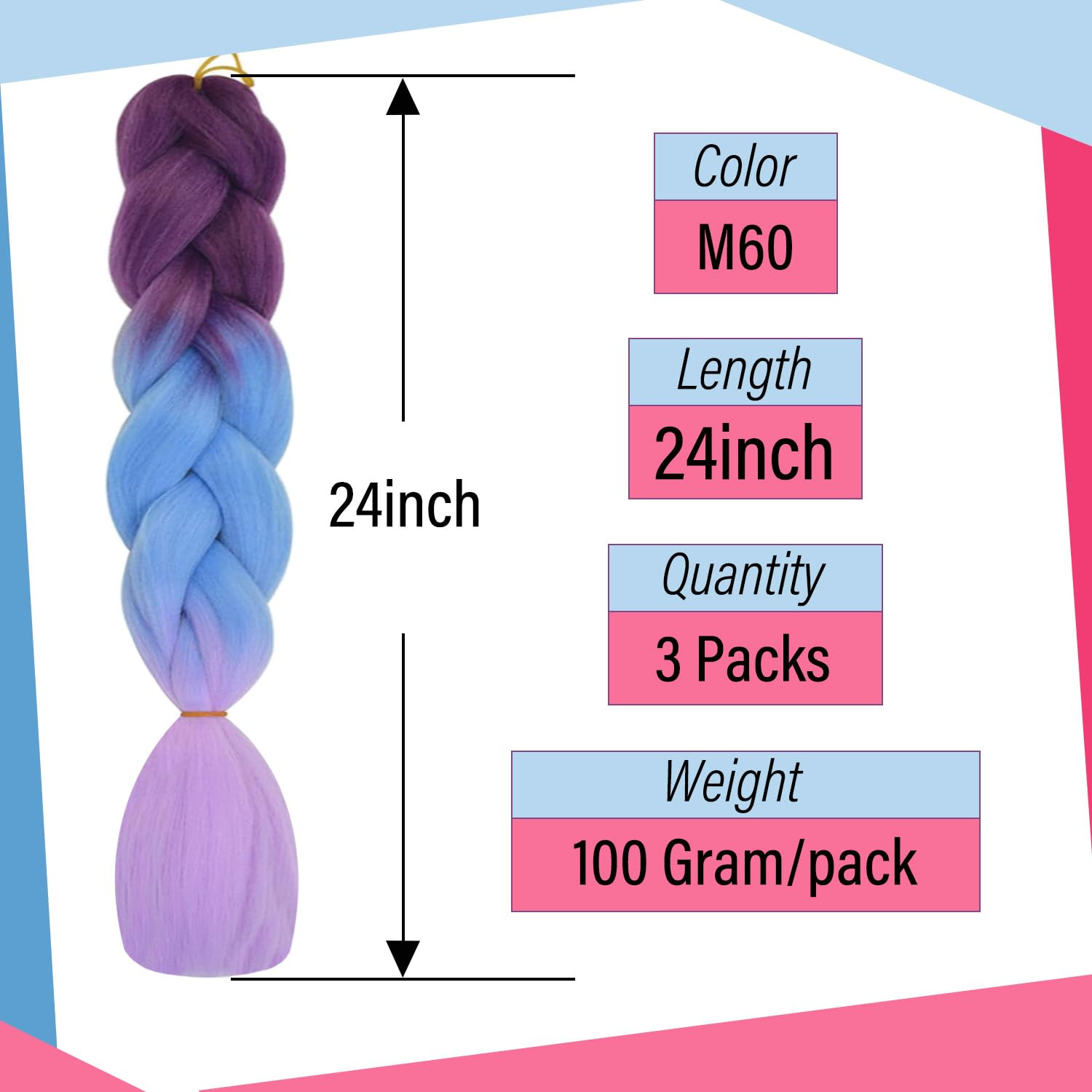 3 Packs 24 Inch Ombre Braiding Hair High Temperature Synthetic Fiber Hair Extens