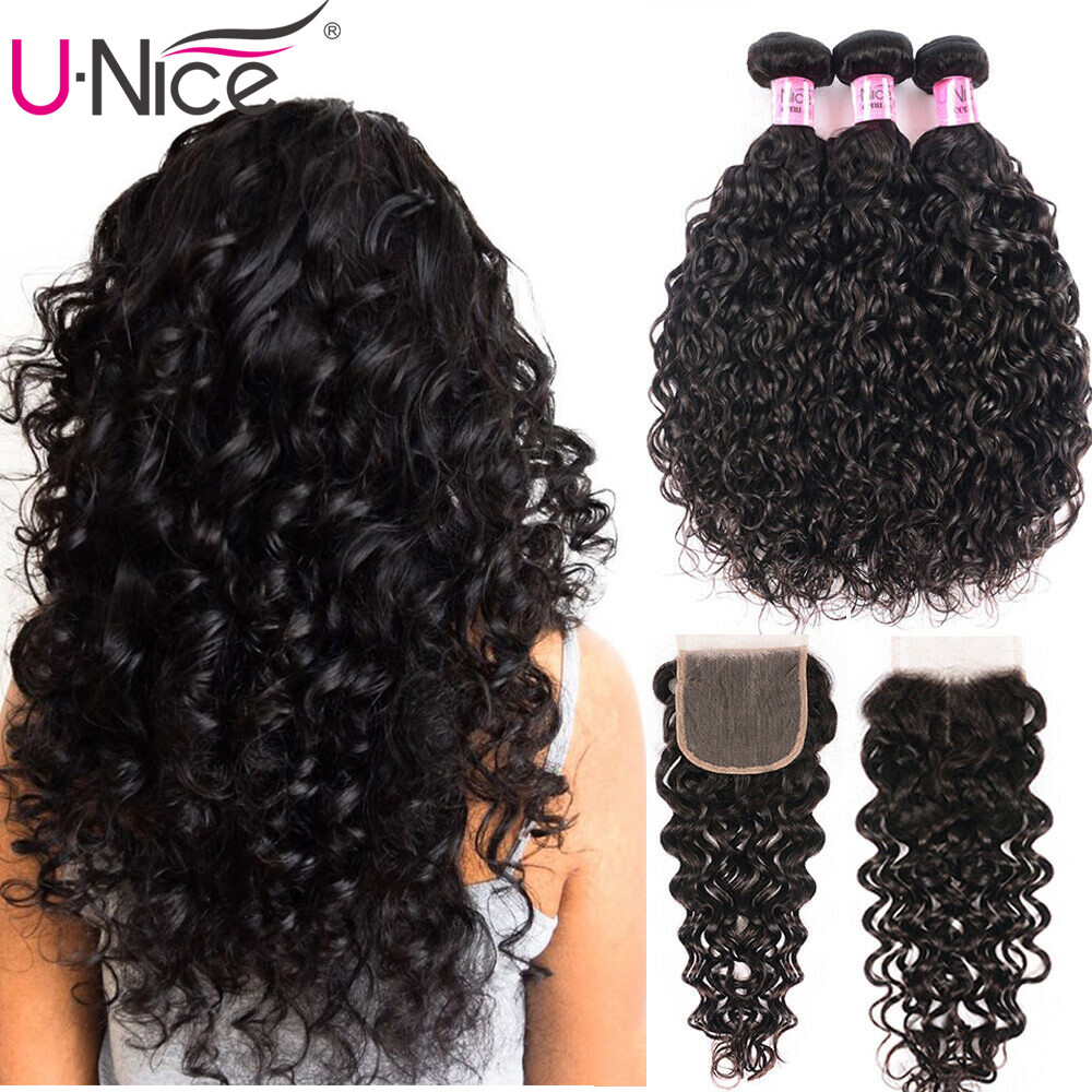 UNice Indian Water Wave Human Hair Extensions 3 Bundles With Lace Closure Weave