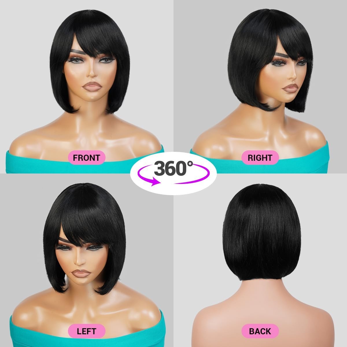 Bob WigWith Bang BrazilianVirgin Short Straight Human Hair Wig No Lace Front Wig