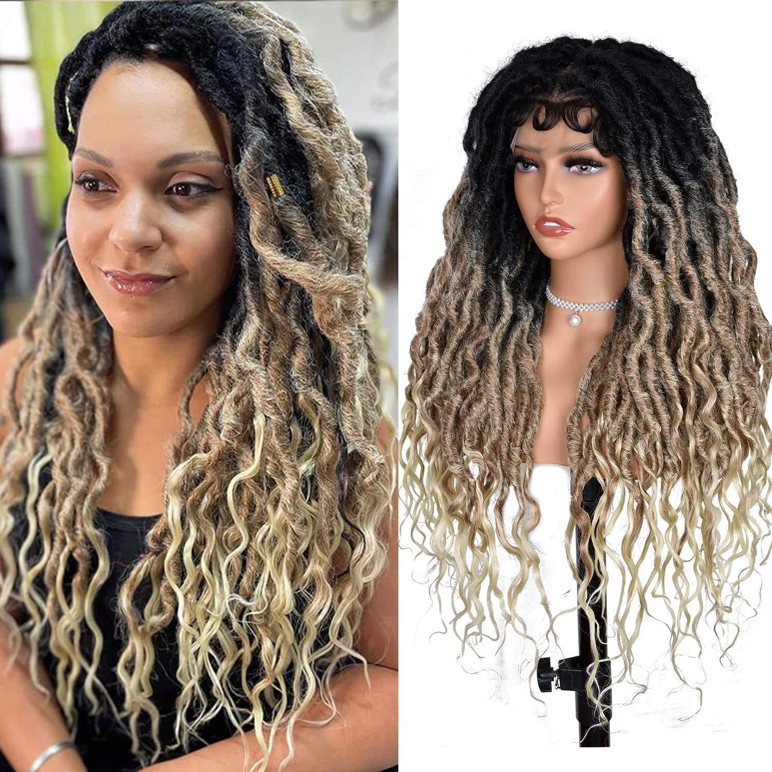 Black Blonde Curly Faux Locs Wig Lace Front Goddess Braids Baby Hair