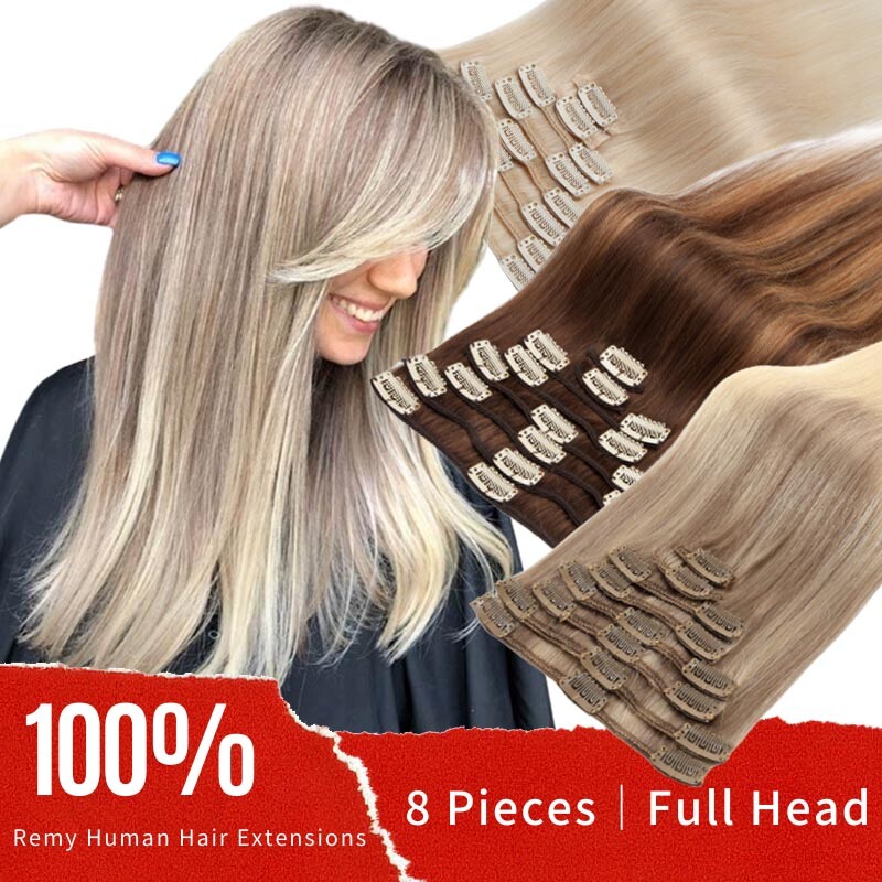 CLEARANCE Clip In 100% Remy Real Human Hair Extensions 8PCS Full Head Lowlights
