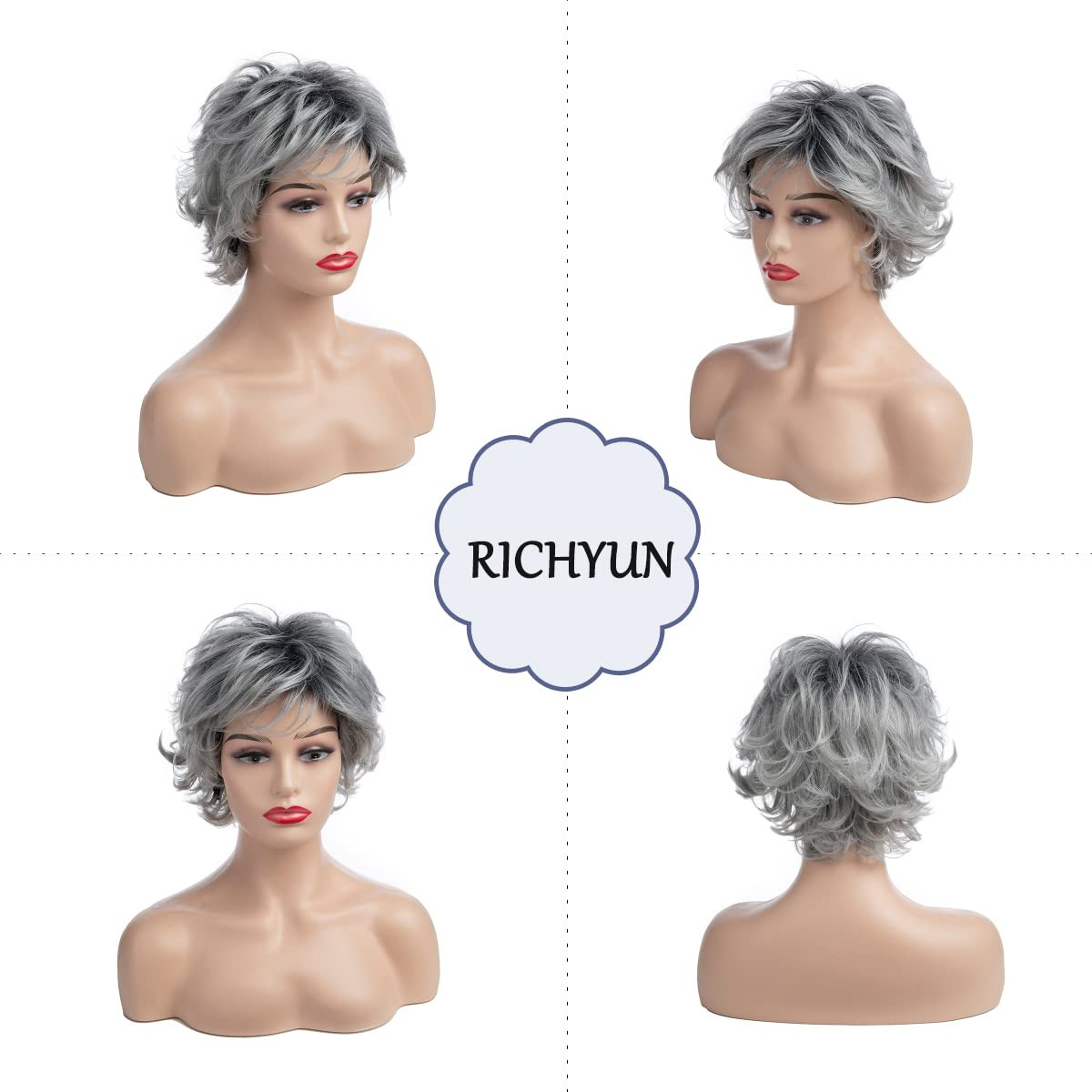 Silver Grey Wigs for White Women Short Highlighted Layered Gray Wavy Wig