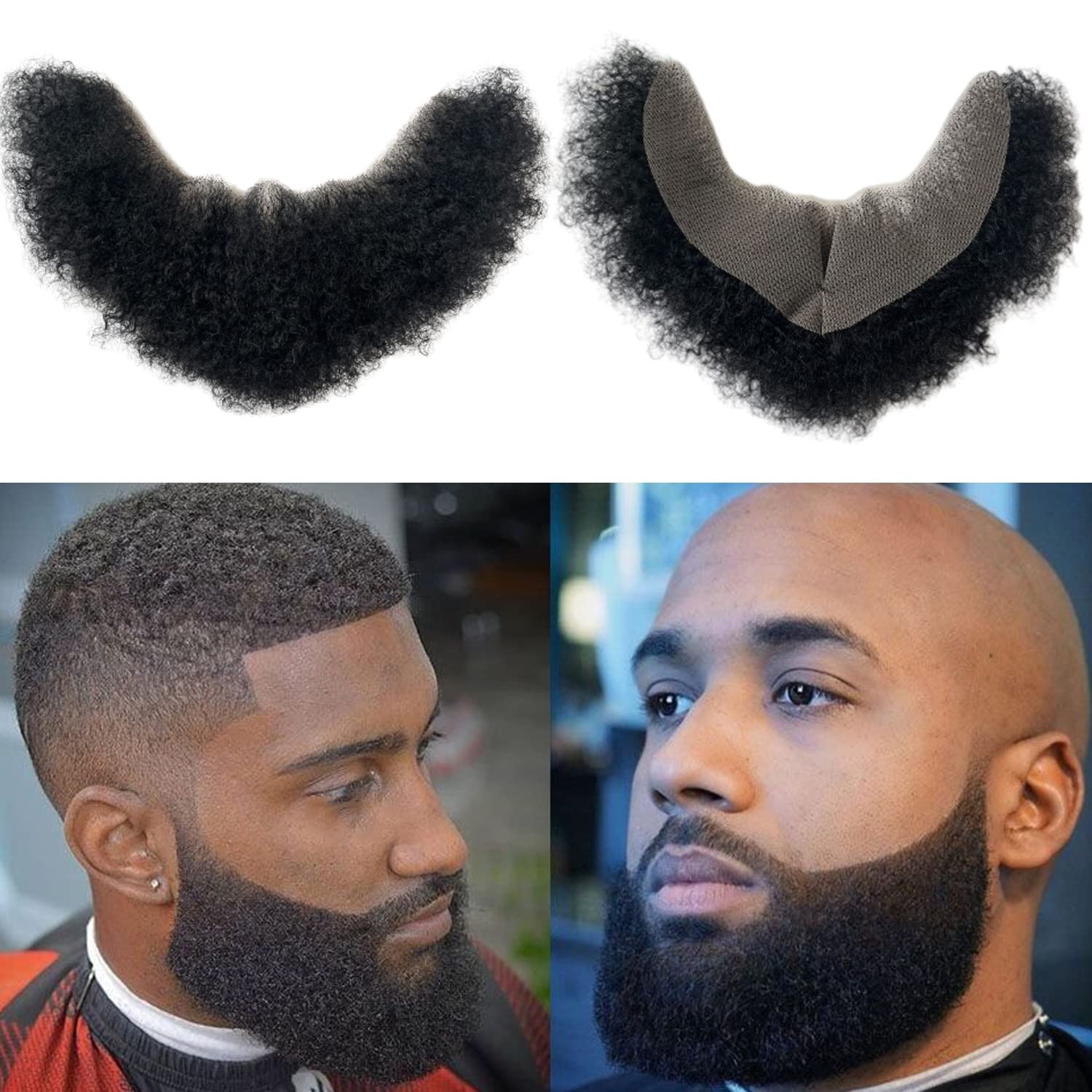 Realistic Human Hair Afro Curl Beard & Mustache System for Black Men – 12×3 Inch