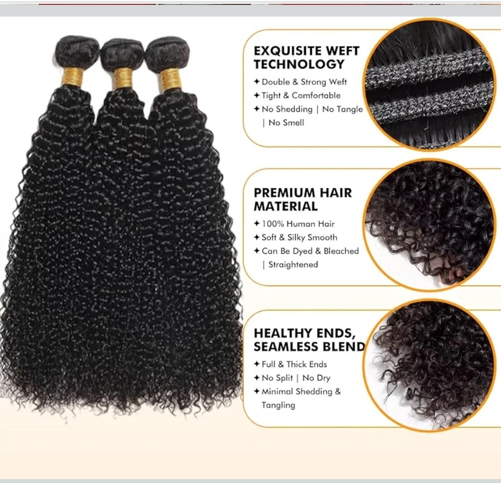 3 Bundles Kinky Curly Human Hair , Natural Black Weave Extensions 14 16 18 Inch