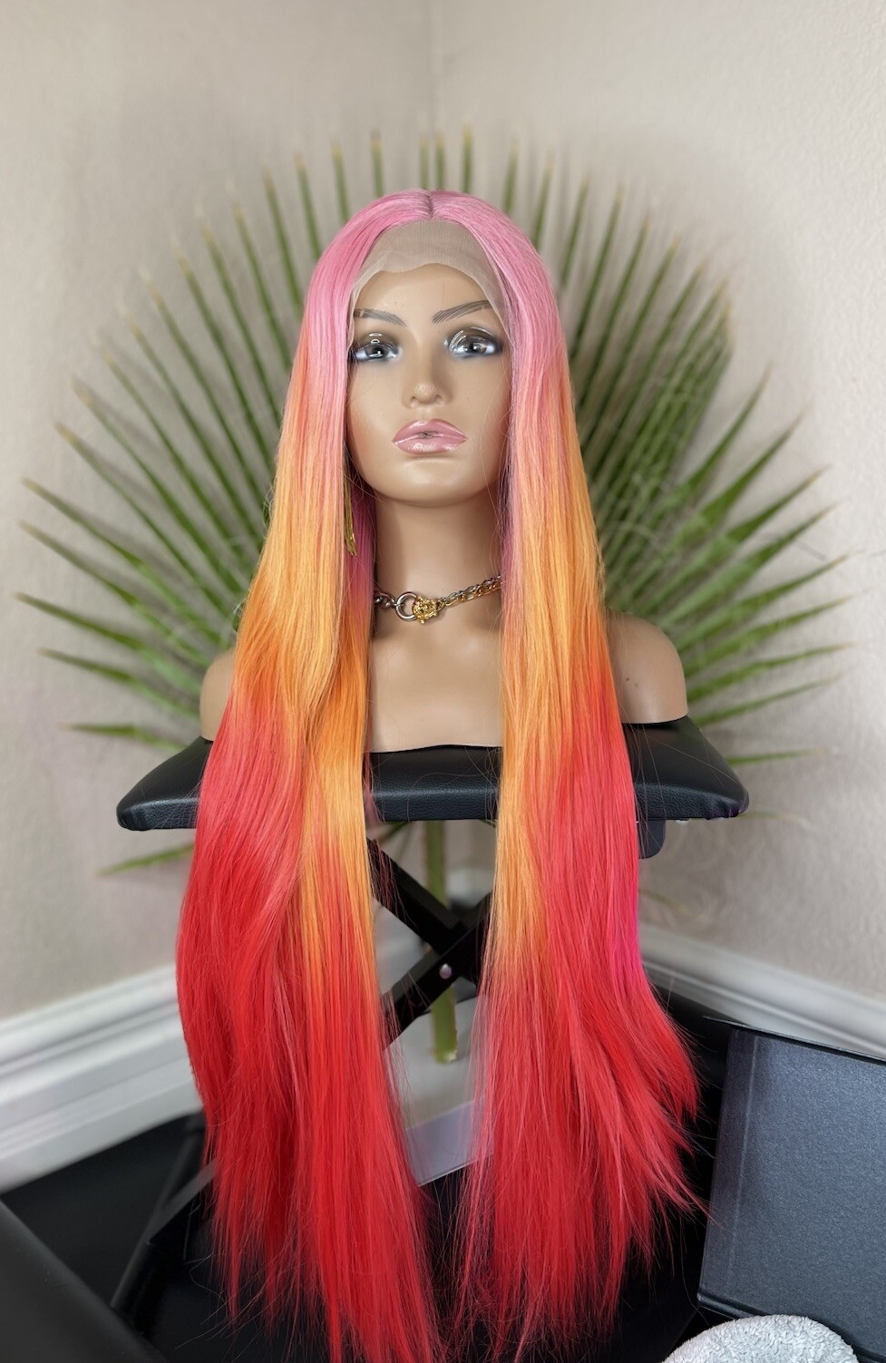 Rainbow Pastel Wig Ombré Orange Red Pink Lace Frontal Free Part 28 “ Straight