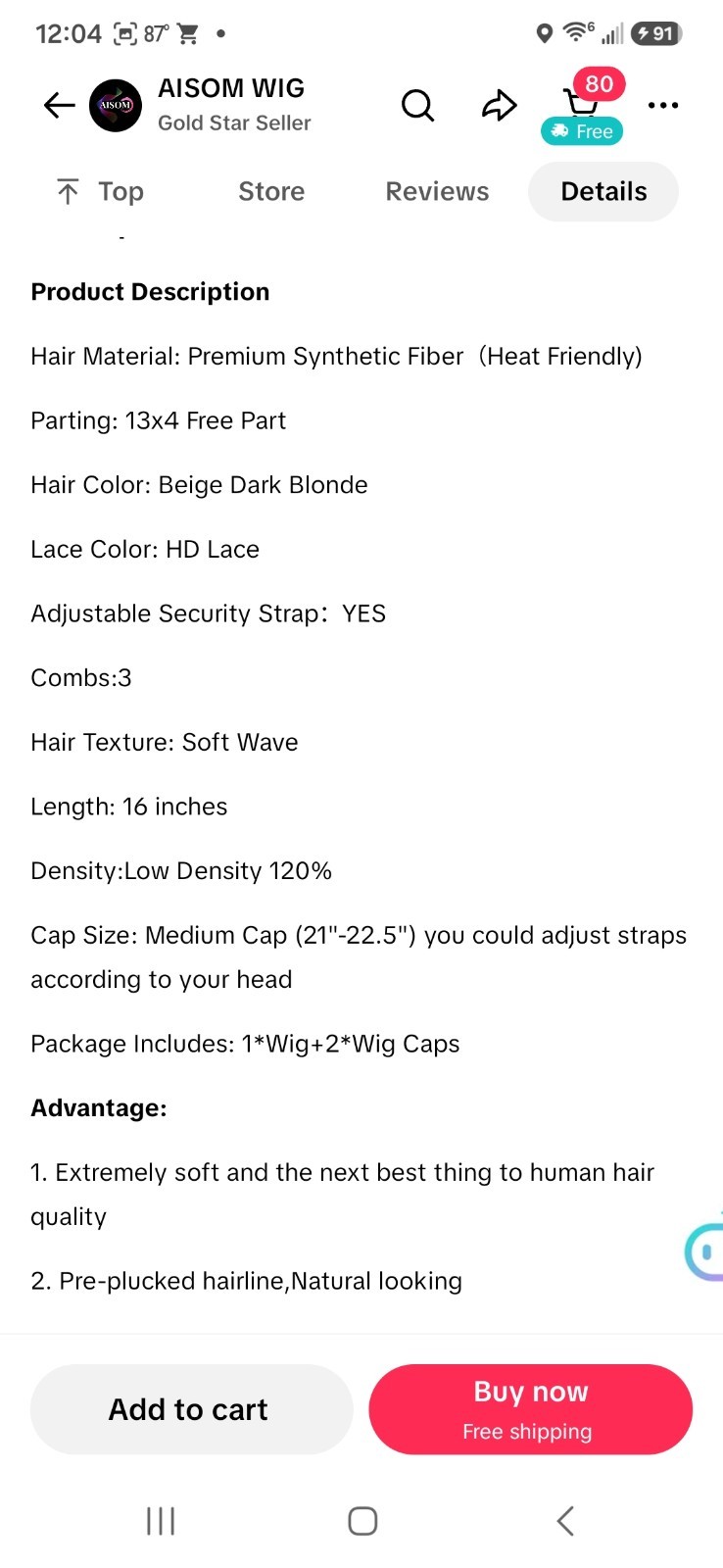 Aisom Tori Dark Blonde Melt Glueless Free-Part 16 Inches