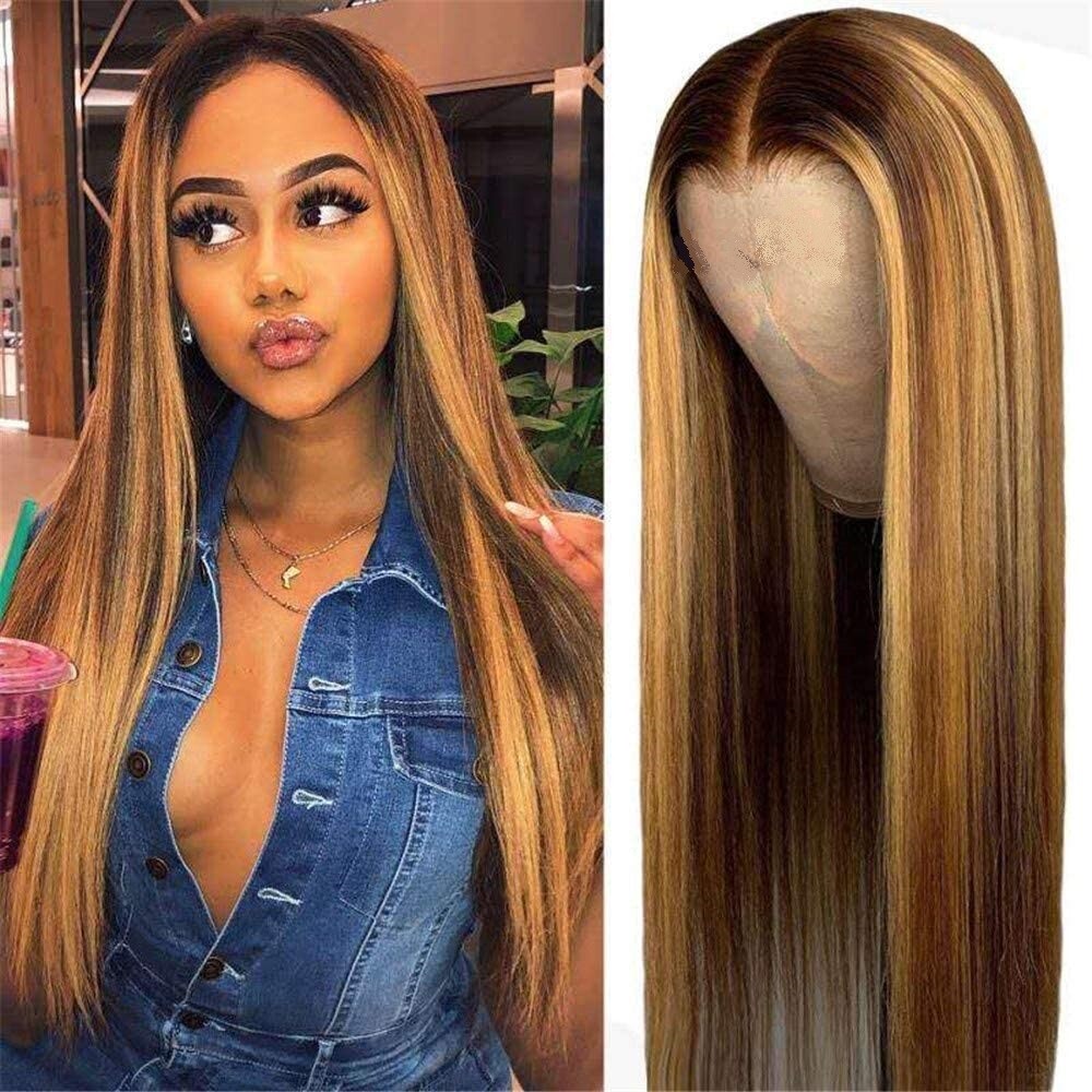 Highlight Brazilian Wig Straight Human Hair Full Wigs Ombre Brown Honey Blonde