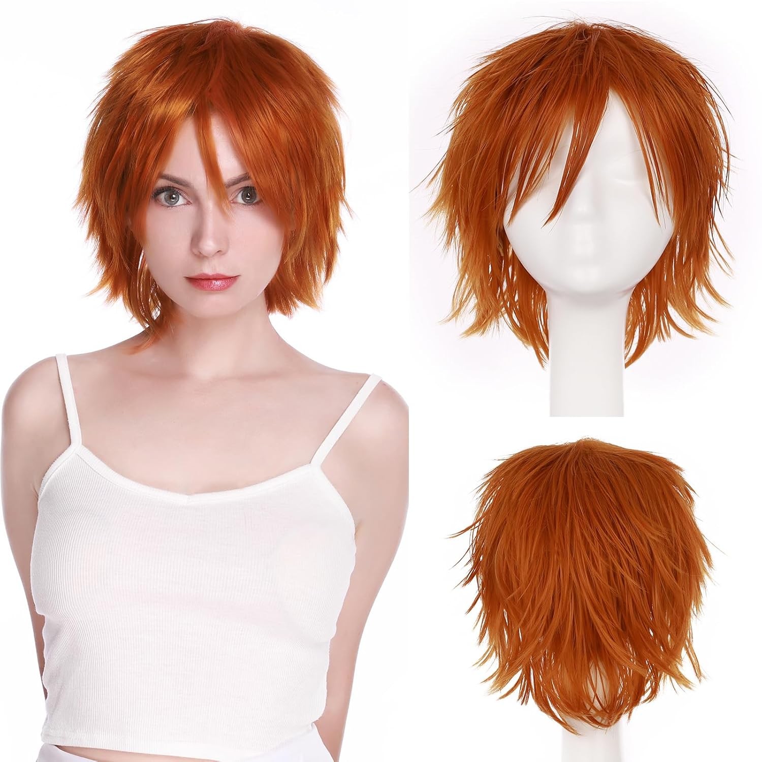 Unisex Short Green Wig Women Men’s Short Layered Fluffy Spiky Wigs with Bangs