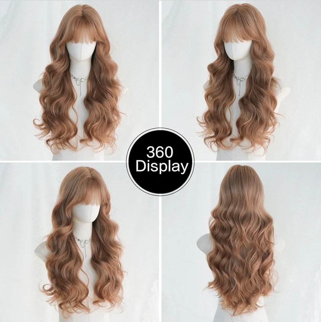 Long Strawberry Blonde Auburn Red Full Wig Human Hair blend layers bangs
