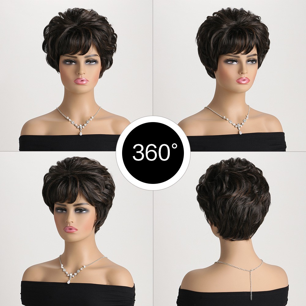 Natural Highlight Wavy Wig Short Layered Brown Black Hair Women’s Side Bang Bob