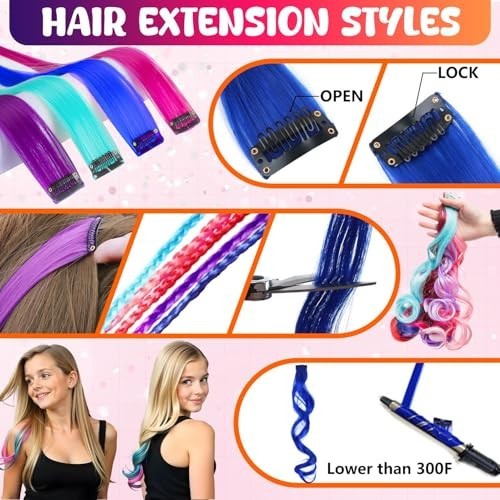 Washable Dustless Hair Chalk Set with Clip-in Extensions, Brushes & Glitter – Te