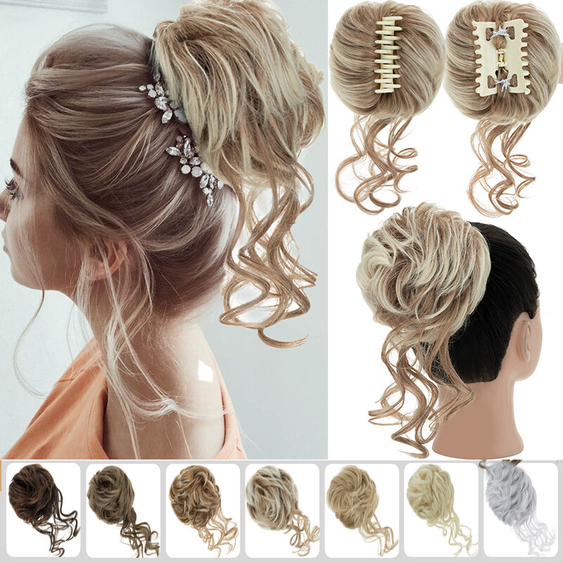 US Natural Clip on in Messy Bun Hair Piece Extension Hair Claw Clip Wedding Updo