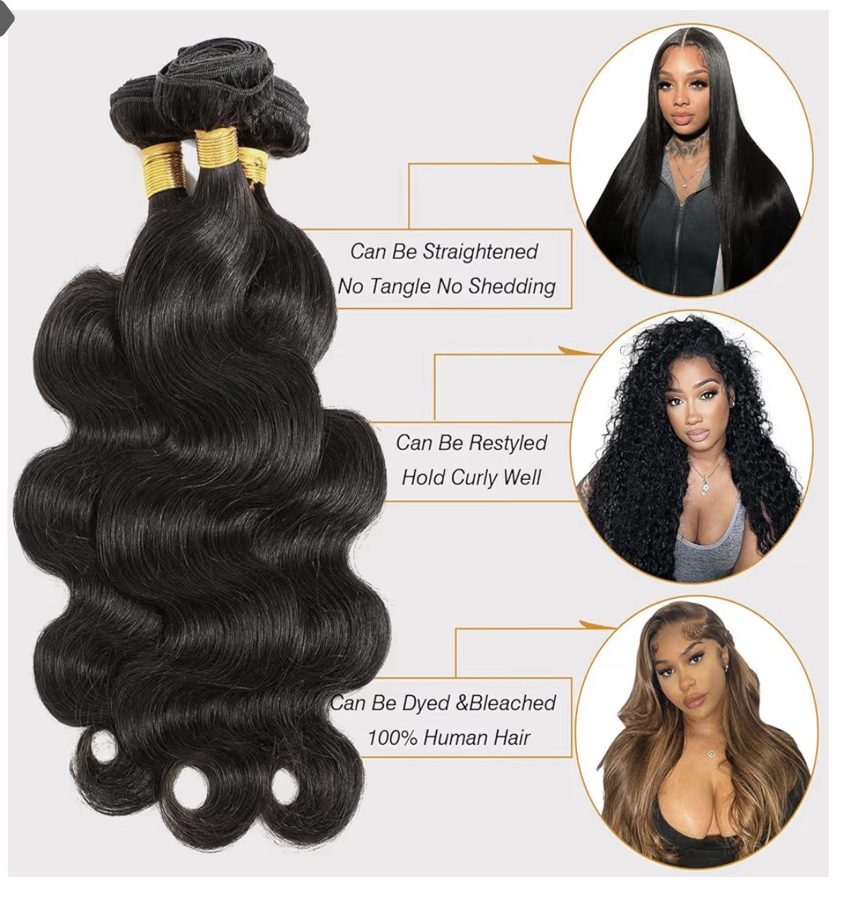 3 Pack Body Wave Black Human Hair Extensions Weft, Can Be Dyed, No Tangle