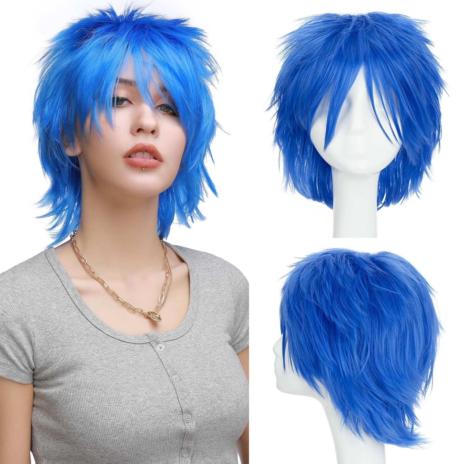 Unisex Short Green Wig Women Men’s Short Layered Fluffy Spiky Wigs with Bangs