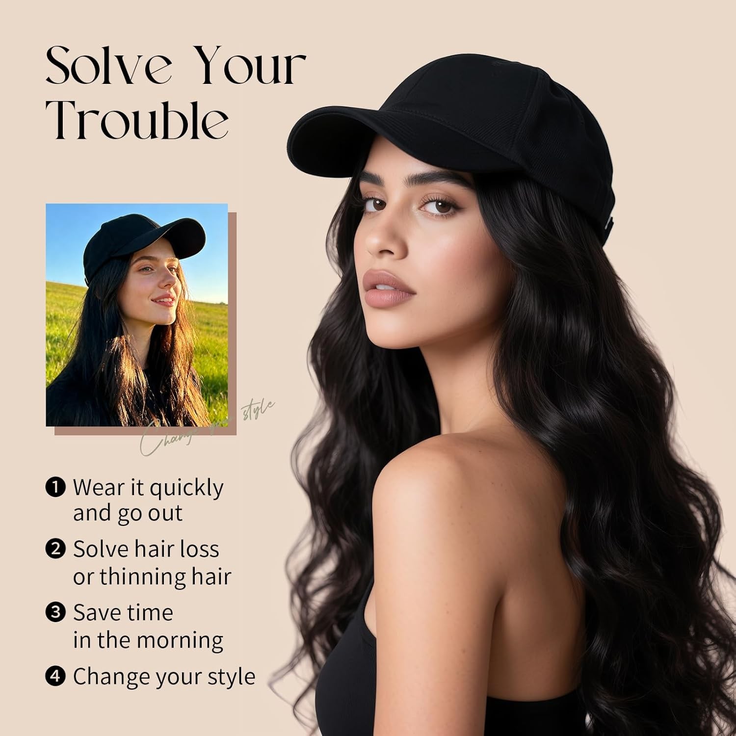 Women Baseball Cap Hat with Long Natural Wavy Synthetic Hair Wig for Party Black