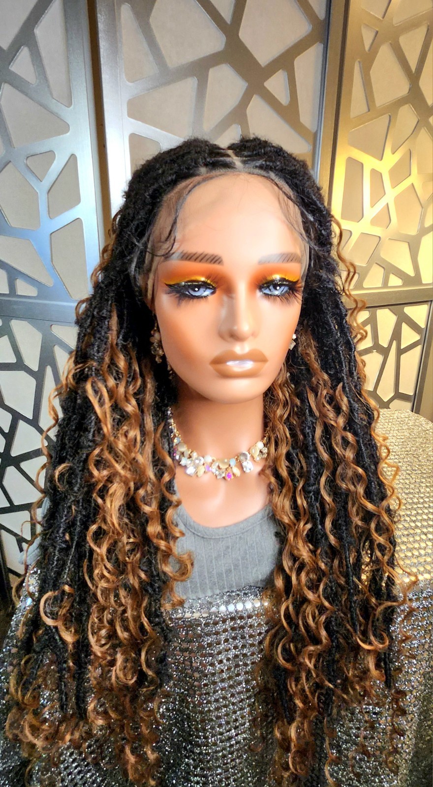 Boho Knotless Dreadlocks Wig 13×6 Lace Front Ombre Black Auburn Curly Ends