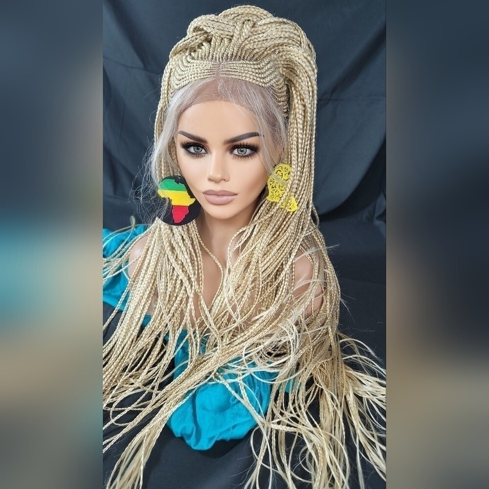 Braided Wig Full Lace 32″ Blonde Ombre Micro Braids Glueless Handmade NWT Long