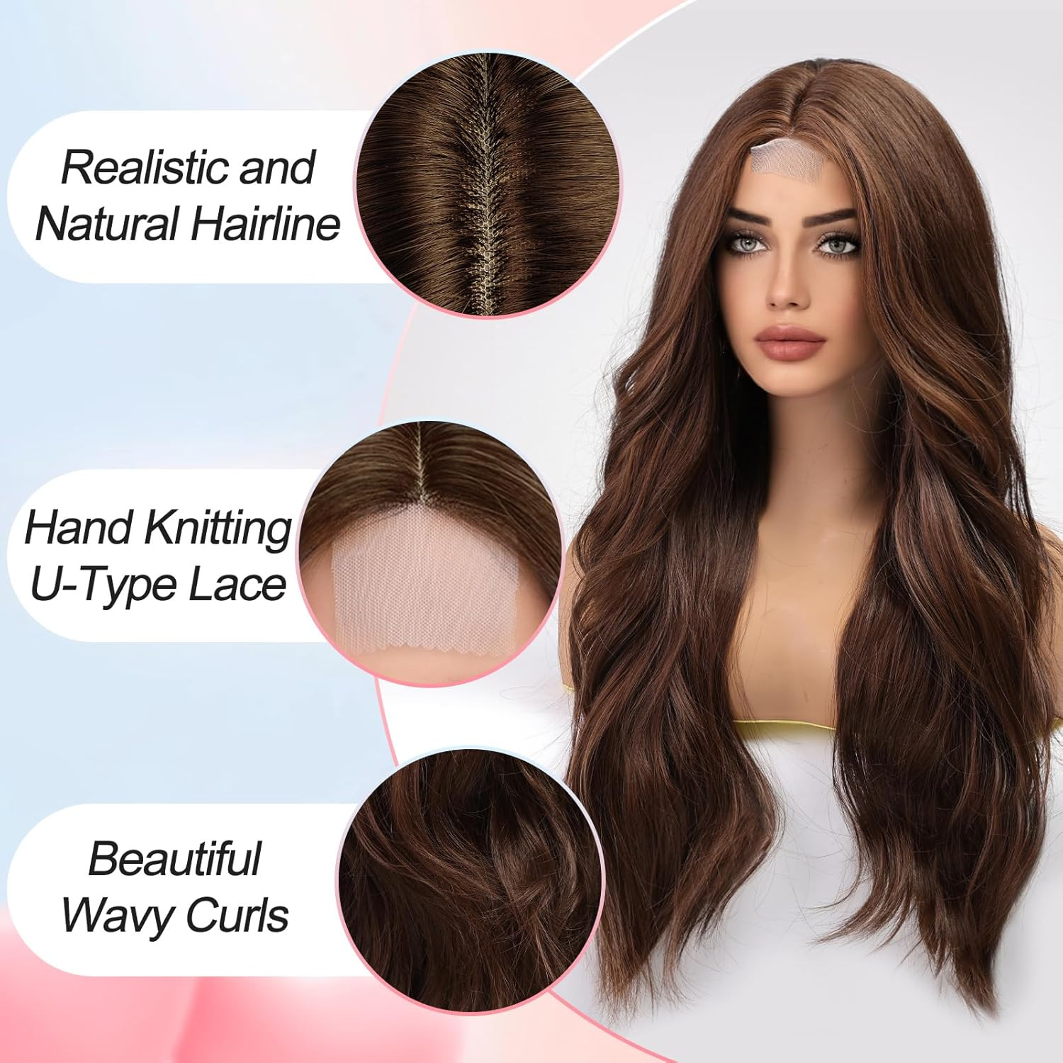 Long Mixed Brown Wavy Wig for Women Lace Front Wigs Natural Looking 26 Inch Midd