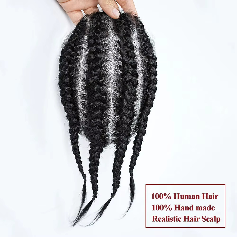 Cornrow Box Braided Human Hair Man Toupee Full Pu Skin Male Toupee For Men Wigs