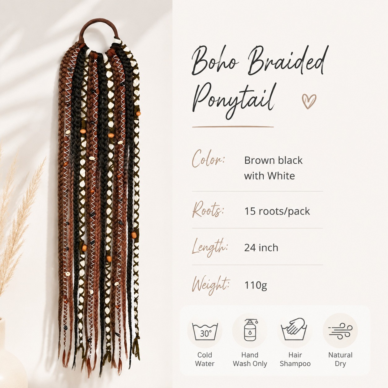 24 Inch Boho Braided Ponytail Hair Extension Dreadlock Beads Women Synthetic Wra