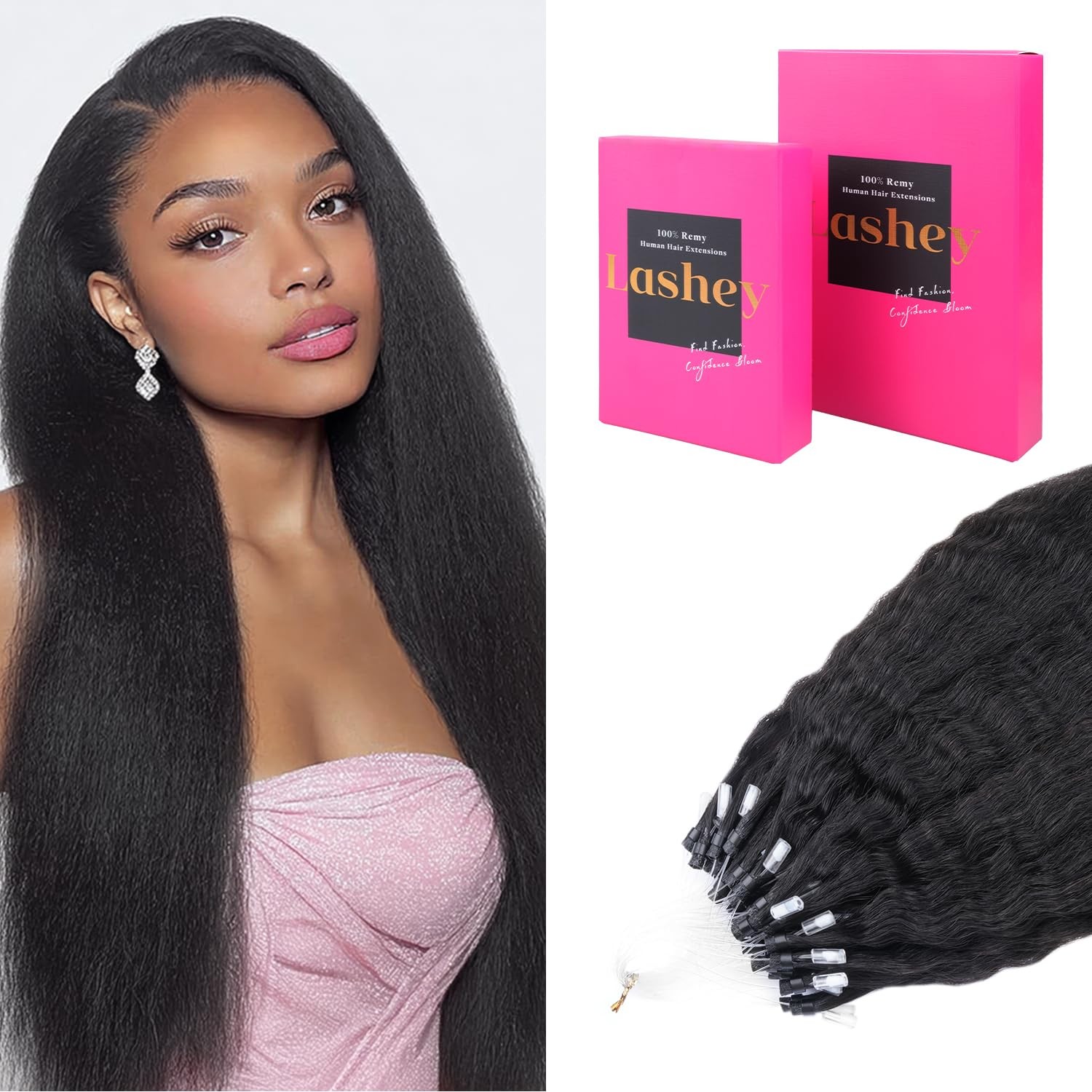 Lashey Micro Link Hair Extensions Human Hair Natural Black 18 Inch Kinky