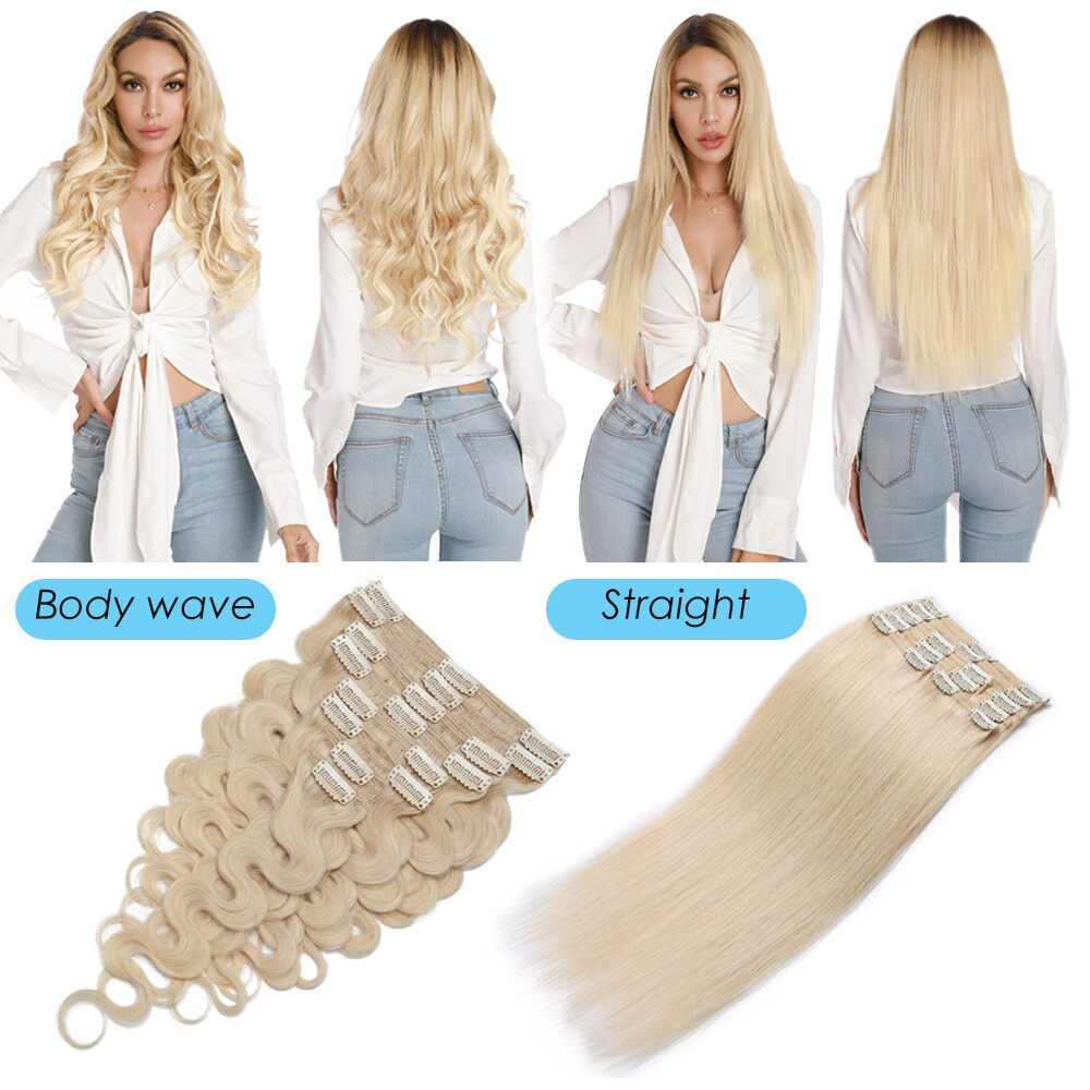 Human Hair Clip In Extension Remy Double Weft Full Head Grey Ombre Highlight US