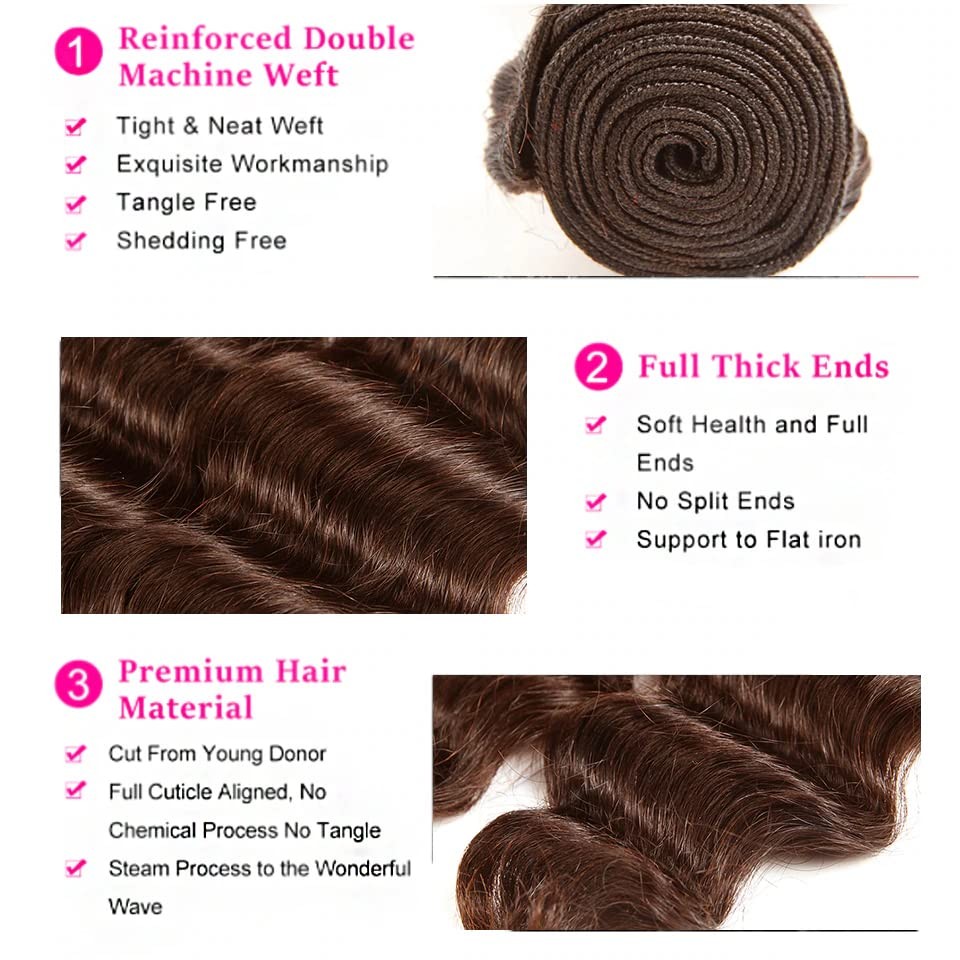 Raivide Color 4 Bundle Dark Brown Deep Wave Human Hair Bundles Chocolate Brown