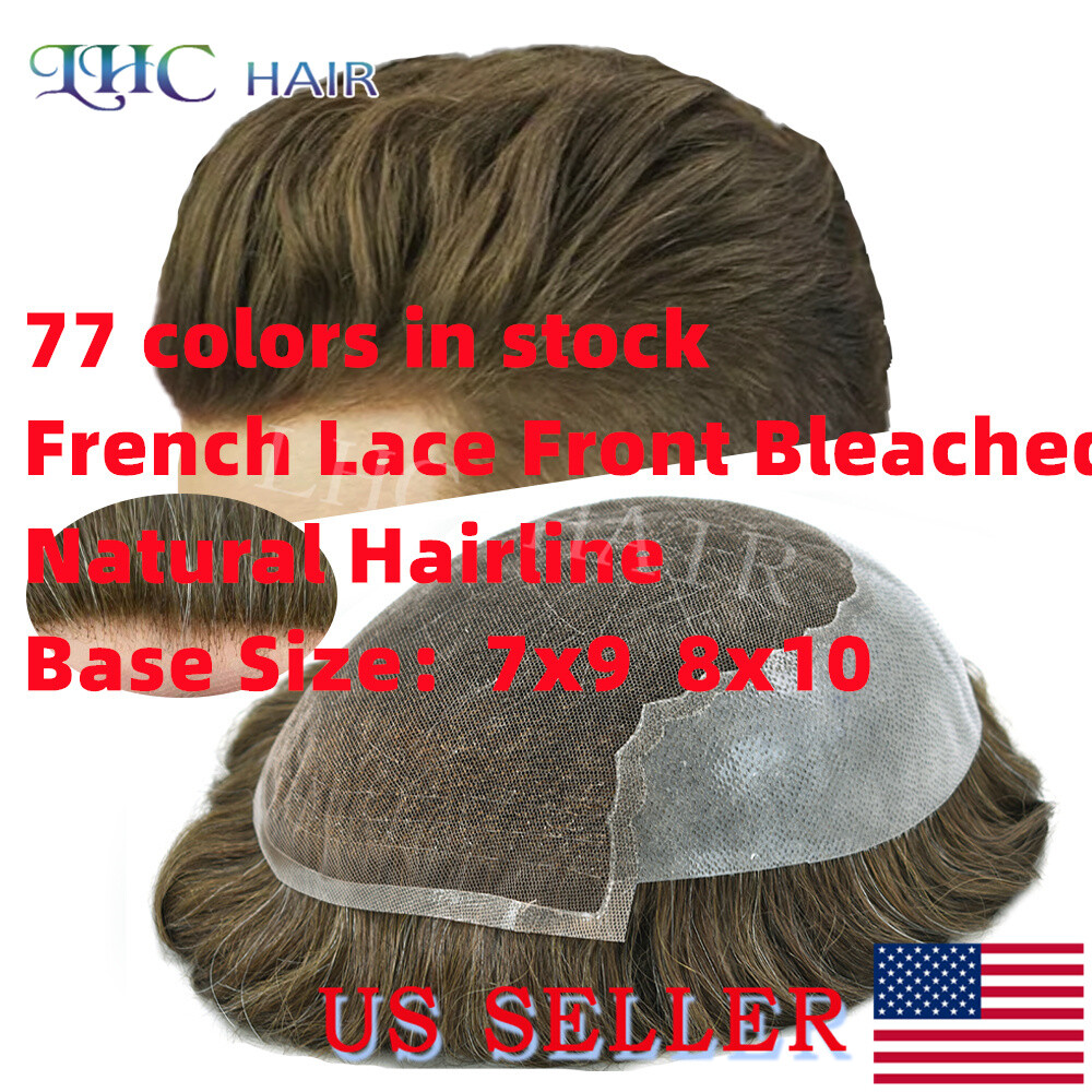 Mens Toupee French Lace Front Human Hair Replacement System Black Brown Grey Wig