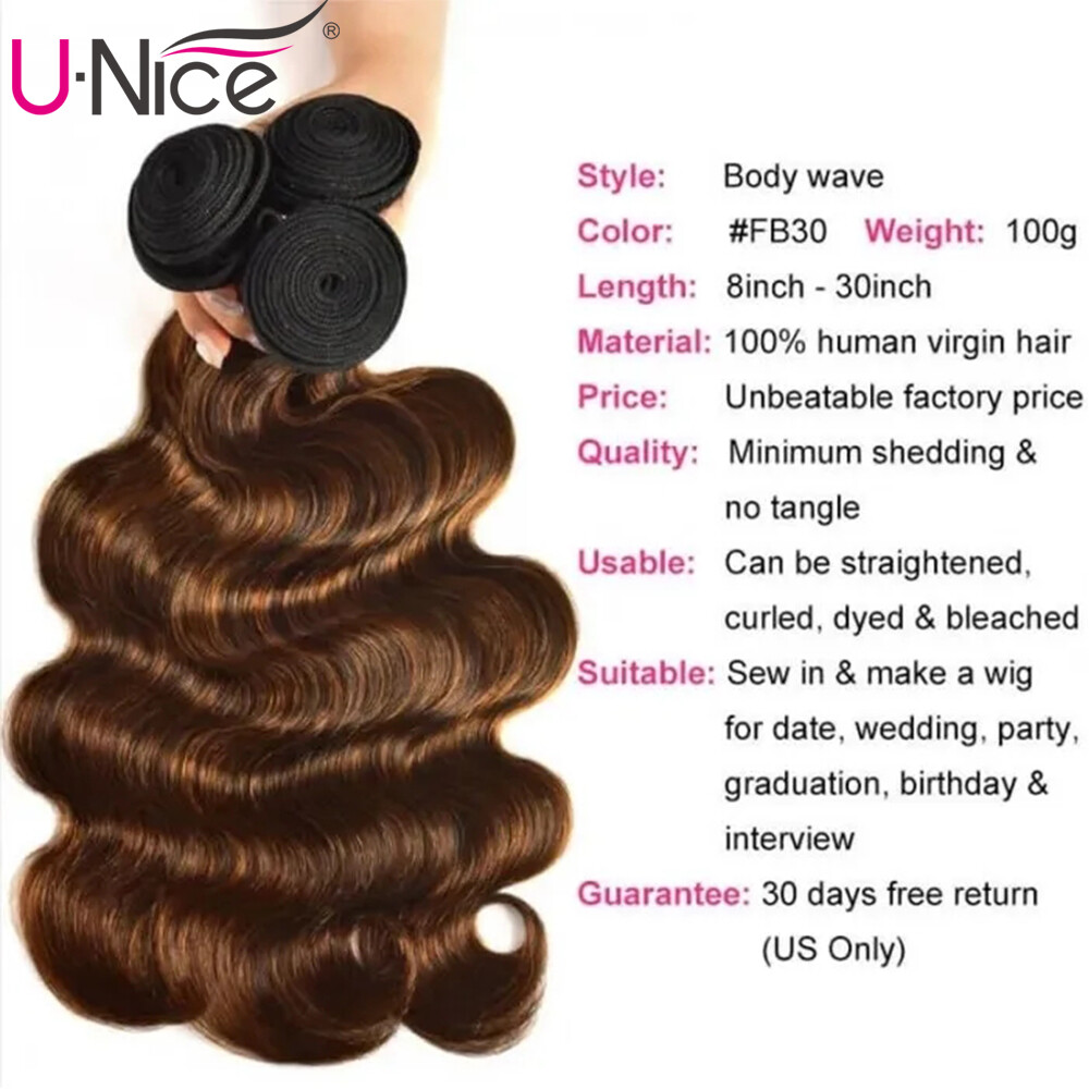UNice Cambodian Ombre Brown Body Wave Hair Weaves 3 Bundles Human Hair Extension