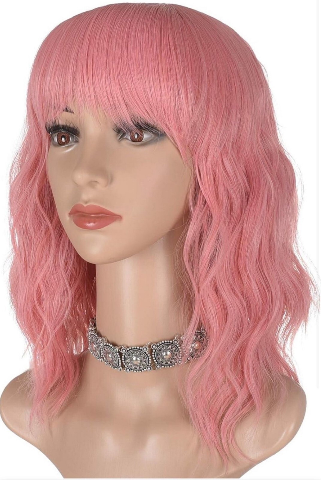 Short Pink Wavy Bob Wig with Bangs for Women 16 Inches Natural Synthetic Hair
