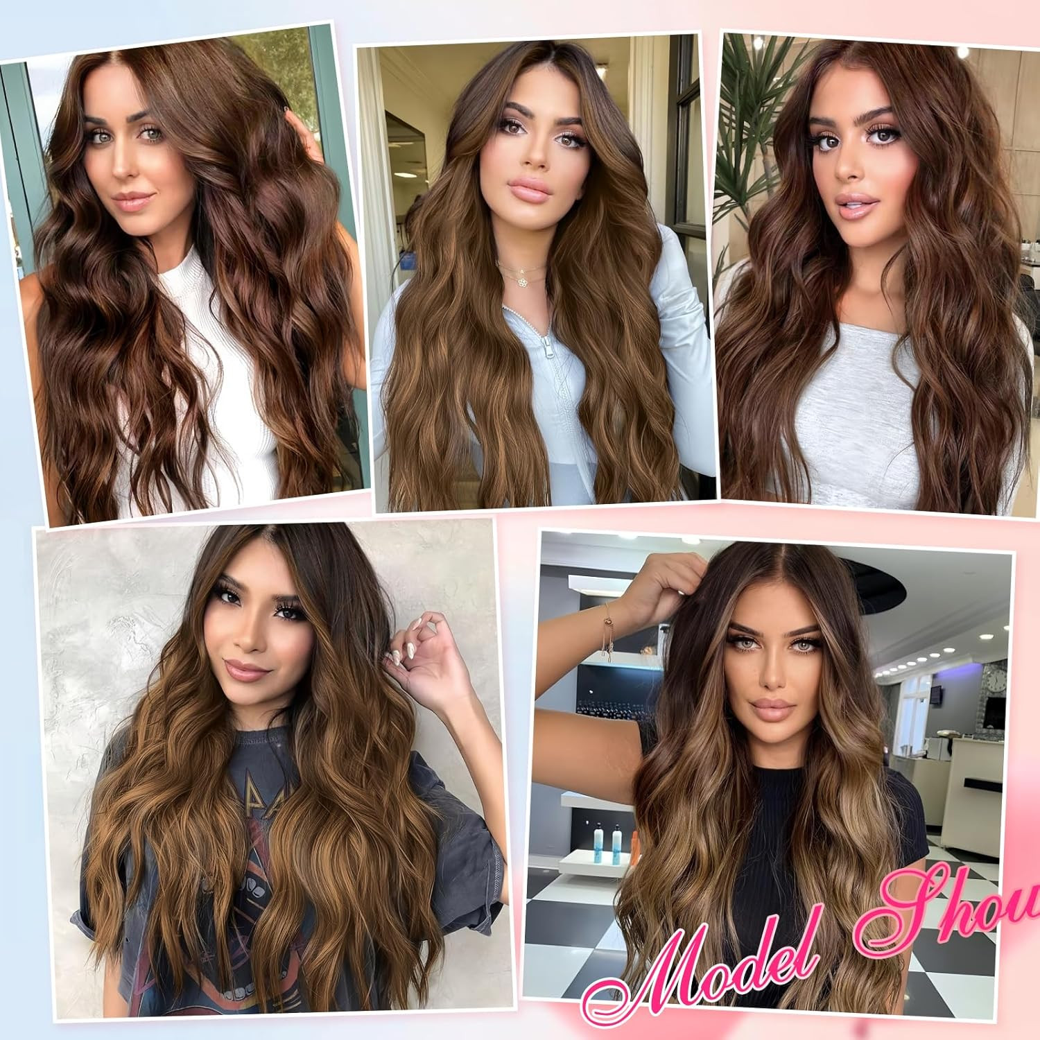 Long Mixed Brown Wavy Wig for Women Lace Front Wigs Natural Looking 26 Inch Midd