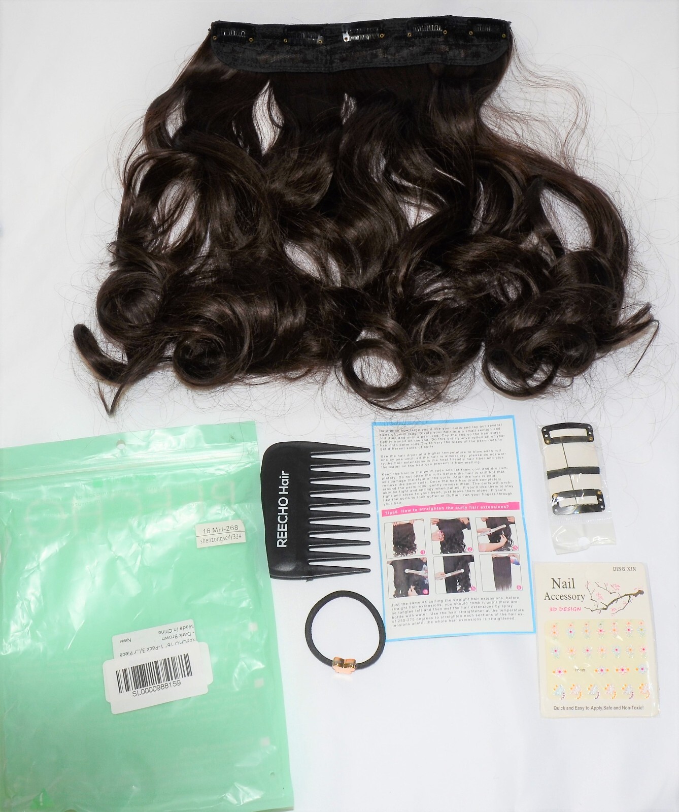 REECHO 16″ 3/4 Full Head Curly Clip In Synthetic Hair Extensions w/Accessories