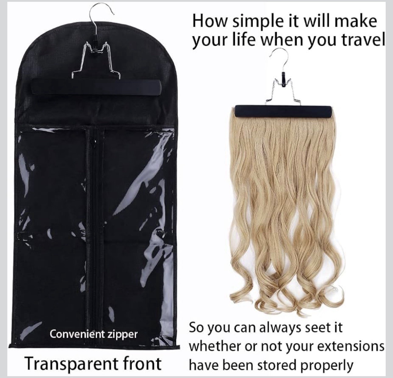 Hair Extension Storage Bag Anti-Slip Hanger, Clear Front, Zipper 23.6 in