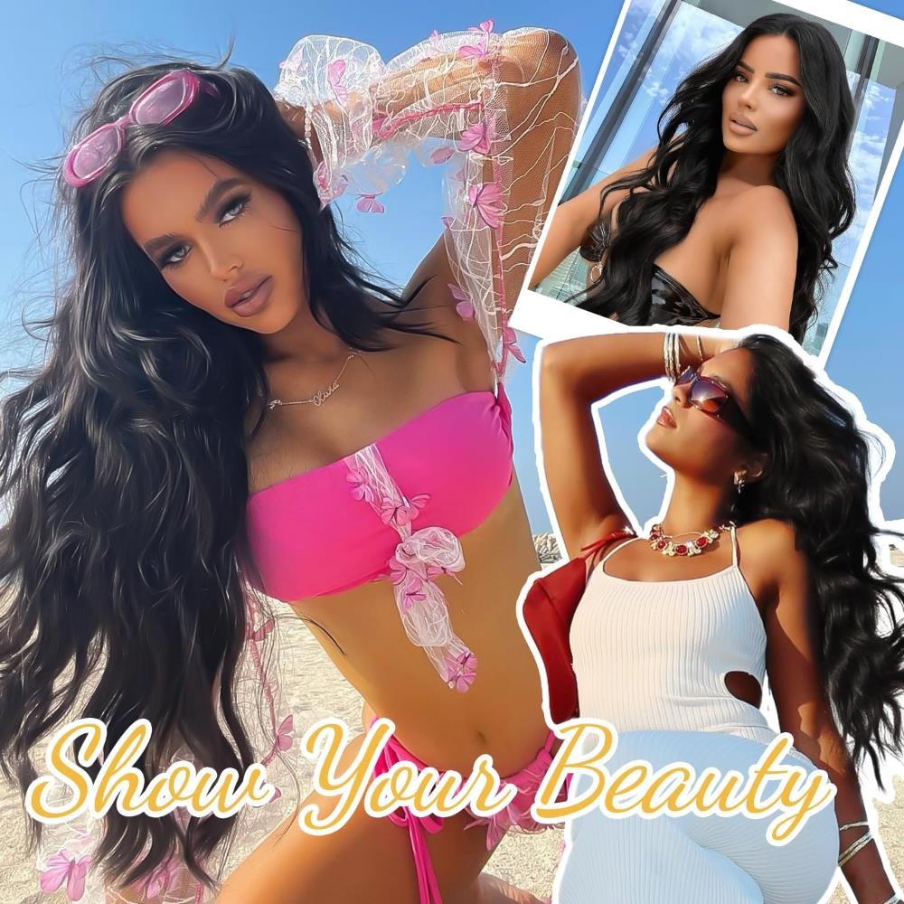 AISI HAIR Black Wig for Women, Long Wavy Lace Hairline Middle Part Synthetic