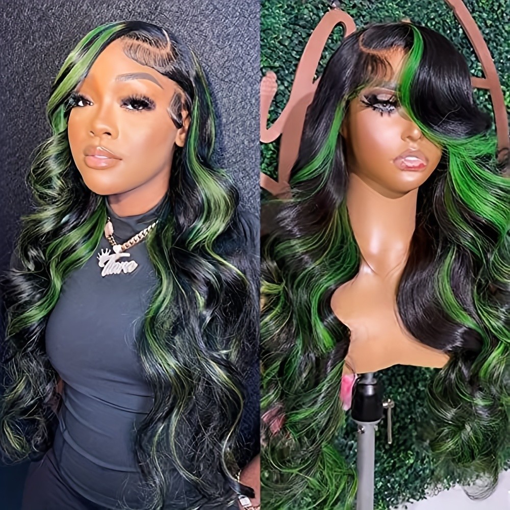 Green Highlights Ombre Black Lace Front Wigs 13×4 Free Part Glueless Body Wave