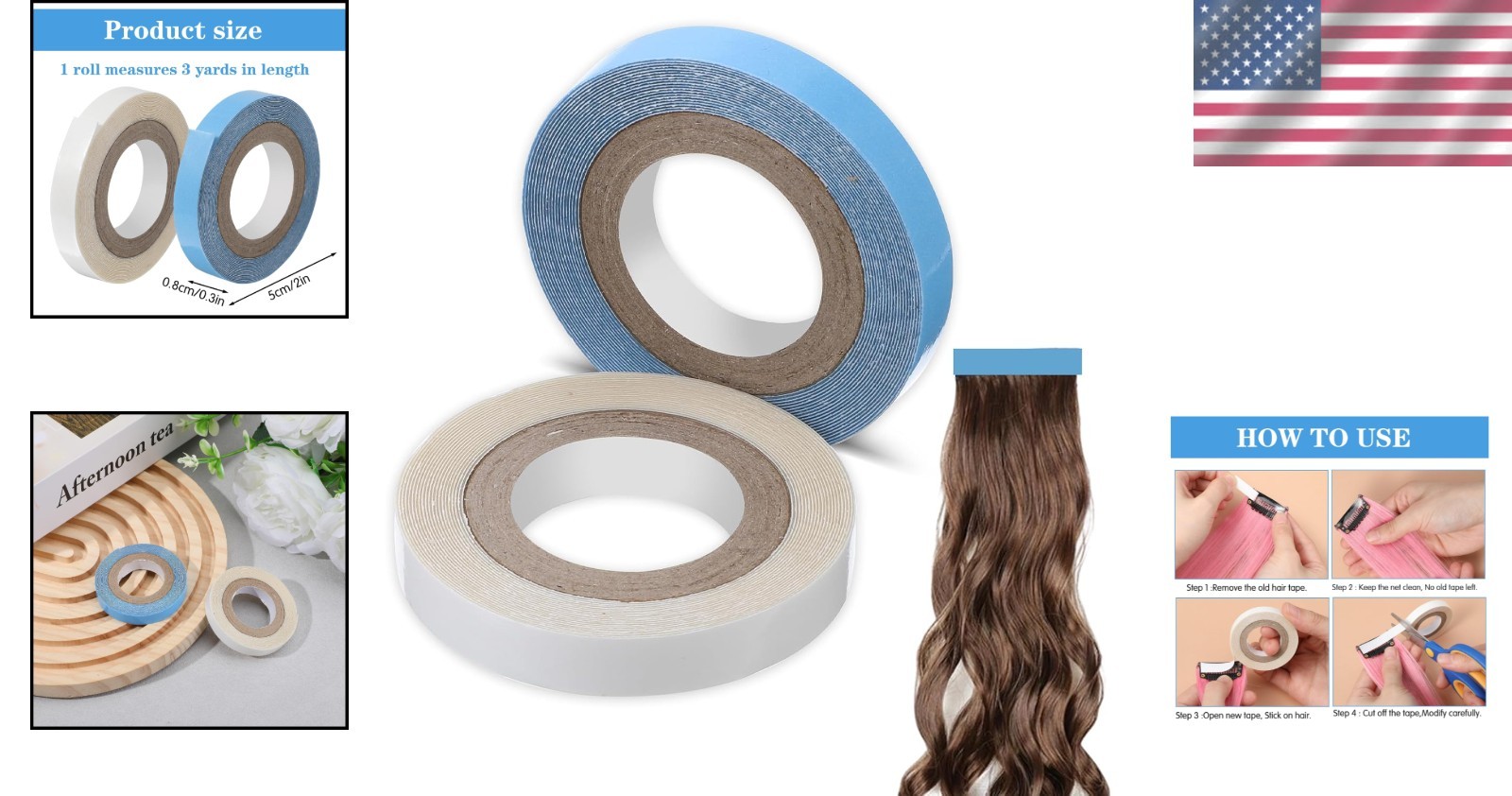 Double-Sided Hair Extension Tape – 2 Rolls, 3 Yards Each, Waterproof & Strong