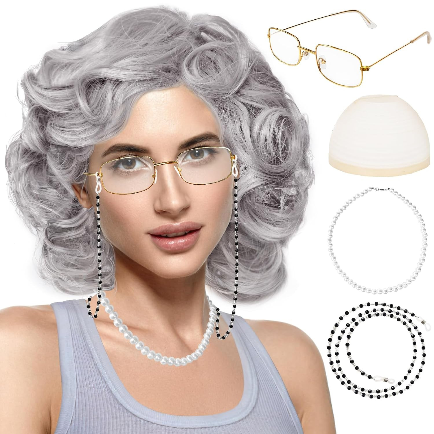 5 Pcs Old Lady Wig and Accessories,Grey Grandma Wigs,Old Lady Wig Costume Set fo