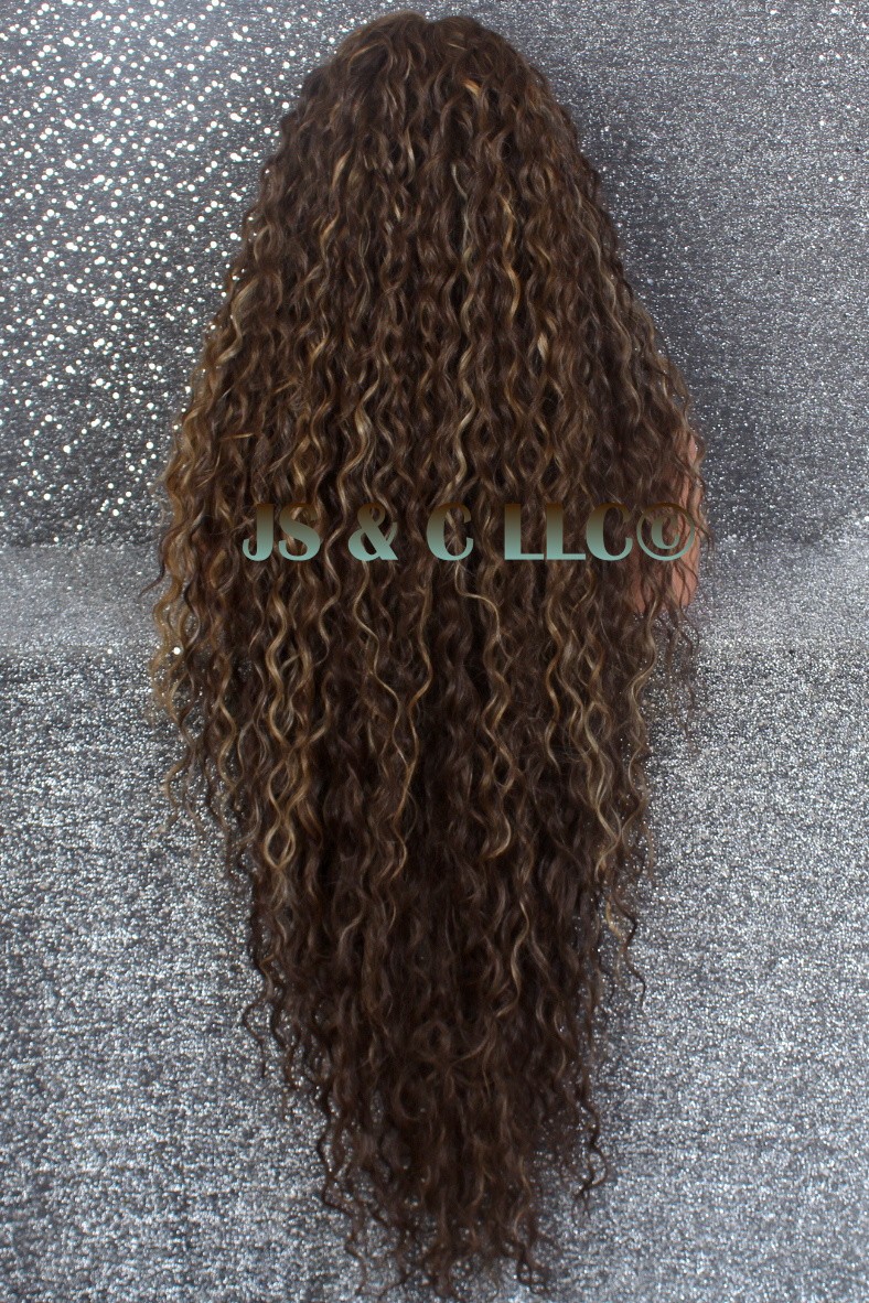 48 EX LONG Human Hair Blend Lace Front Wig Caramel Brown water Wave Heat OK JSEP