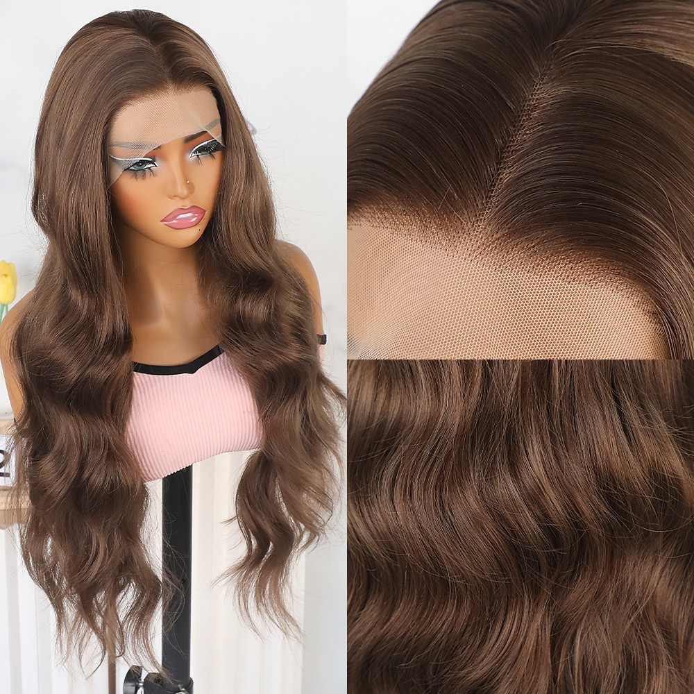 13×4 Heat Resistant Long Natural Wavy Brown Hair Glueless Frontal Lace Wigs Soft