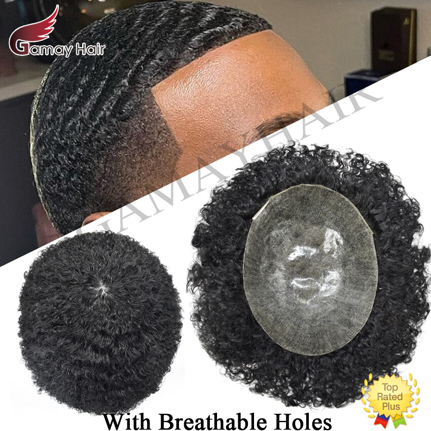 Afro Curl Mens Toupee Poly Skin Pu African American Hair System Breathable Holes