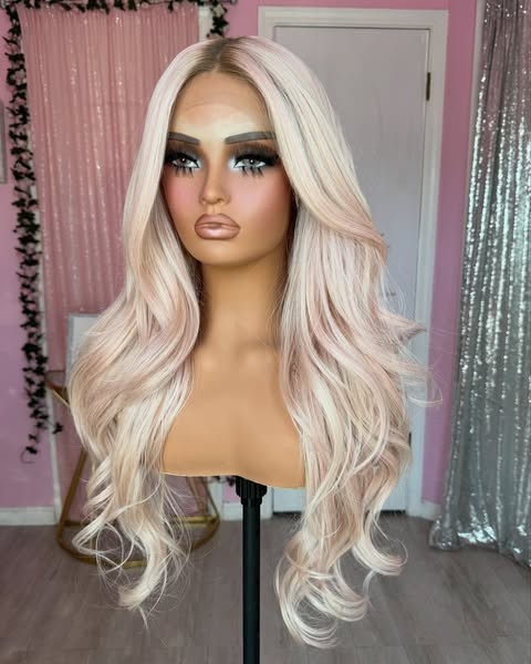 24 Inch Ombre Pink Platinum Blonde Wigs 100% Human Hair Lace Front Wig Body Wave