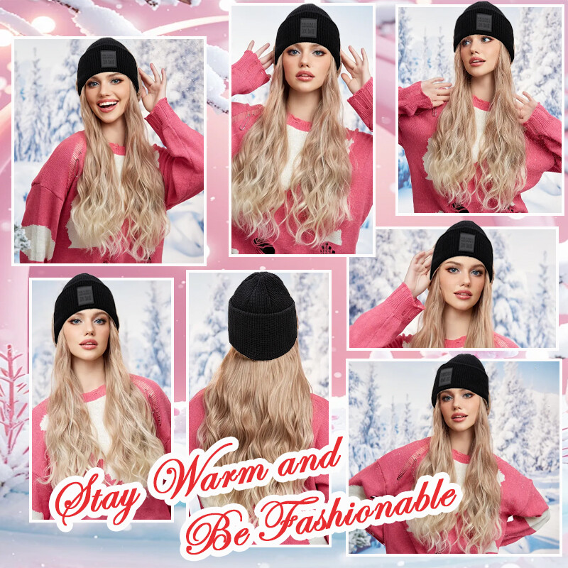 Beret Hat with Hair Extensions Wool Cap Attached 18” curly Hairpiece Synthetic