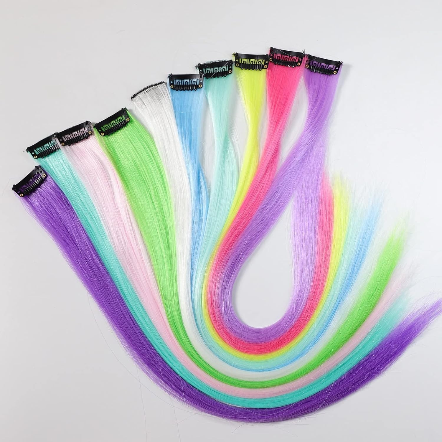 10 Pcs Glow in Dark Clip in Hair Extensions – 22inch Colorful Synthetic Rainb…