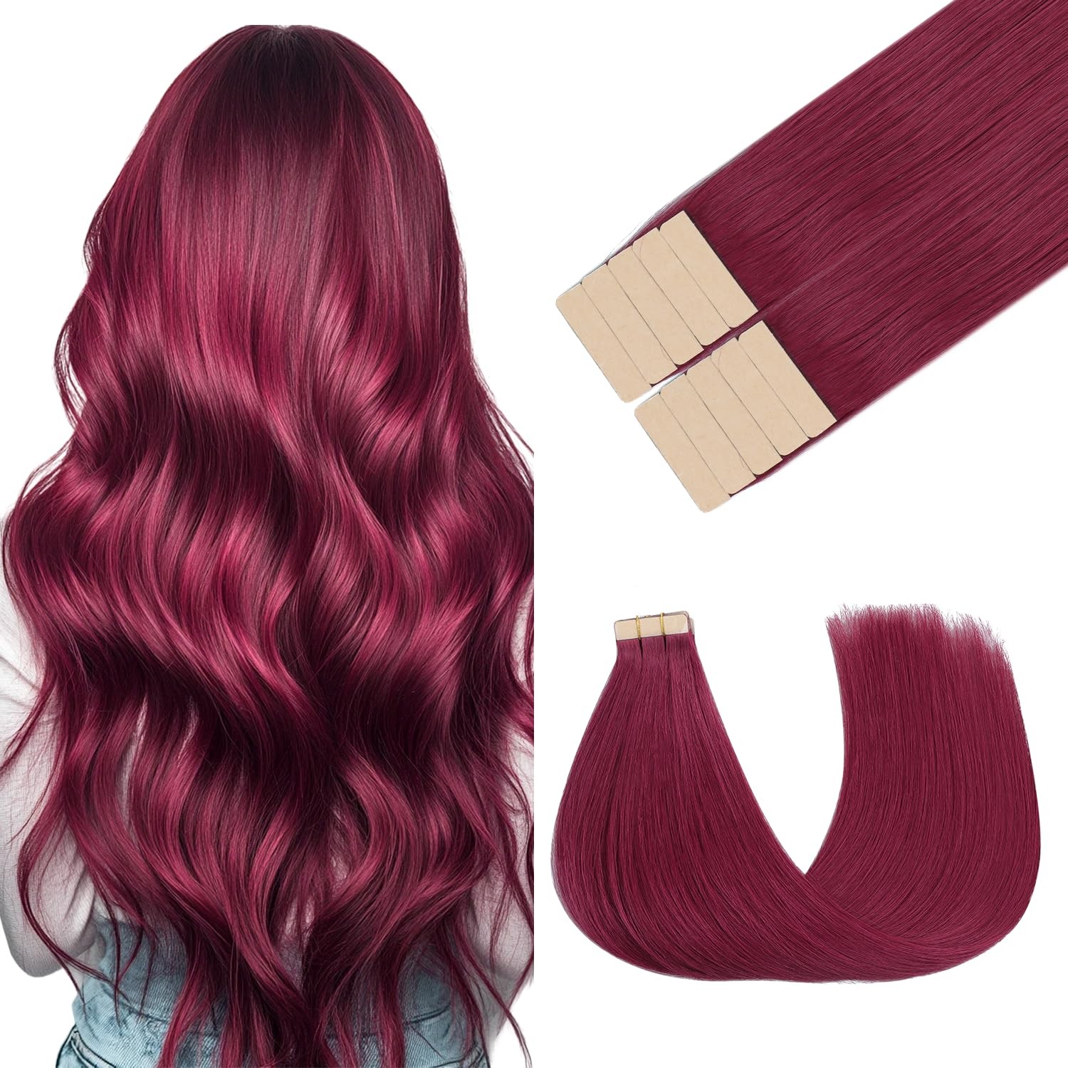 GOO GOO Tape in Hair Extensions Human, Burgundy, 12inch 20g 10pcs