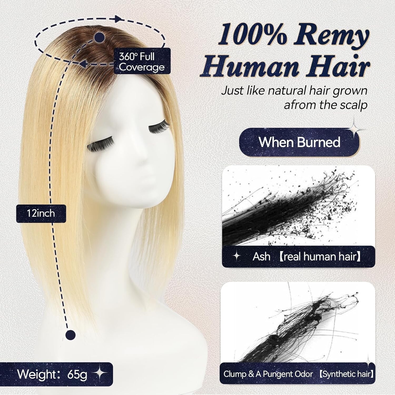Starluck Ombre Light Blonde Hair Topper, 65g, 6″x5.5″ Large Base, Human Hair