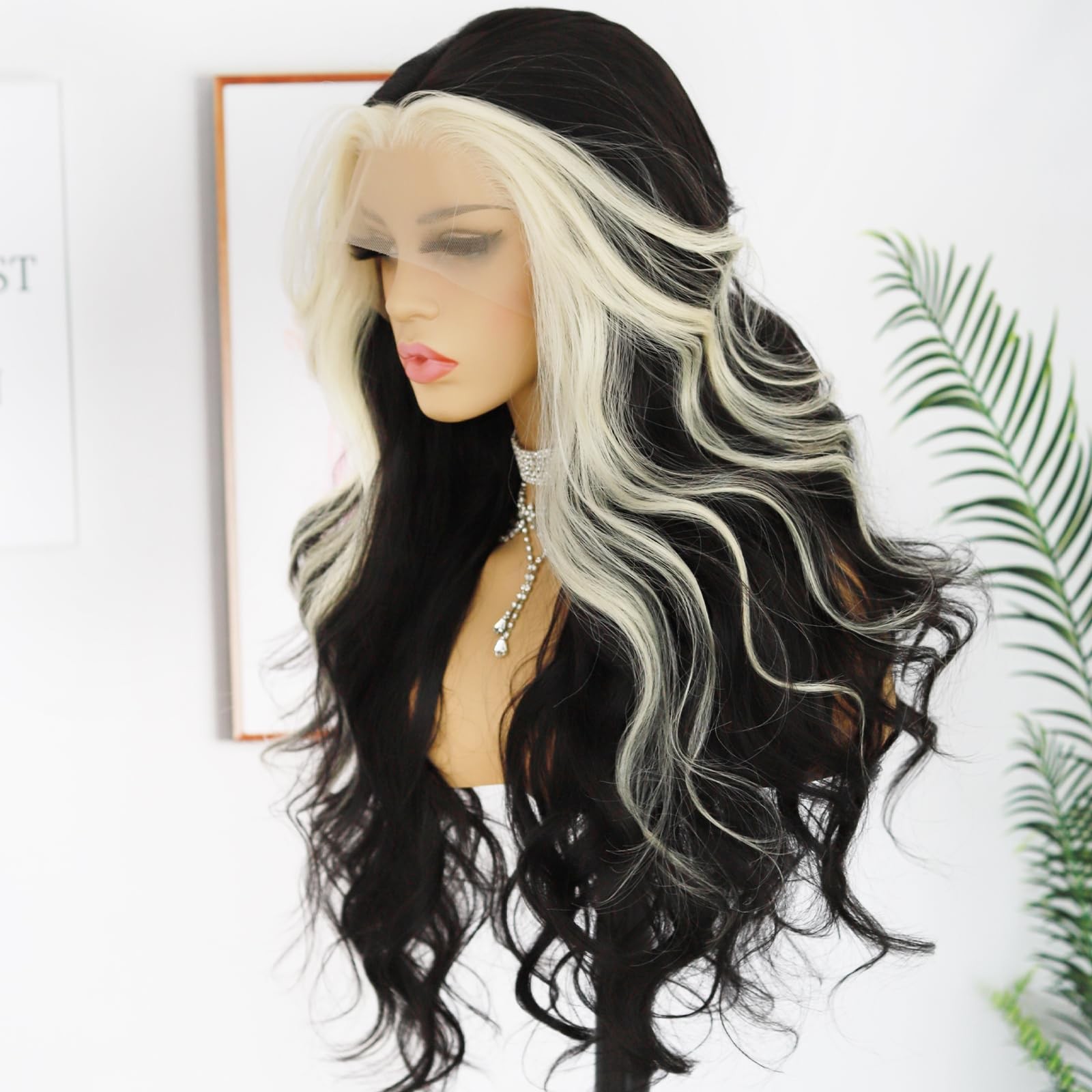 ANDRIA Black/Blonde Skunk Stripe Lace Front Wig Long Body Wave Heat Resistant