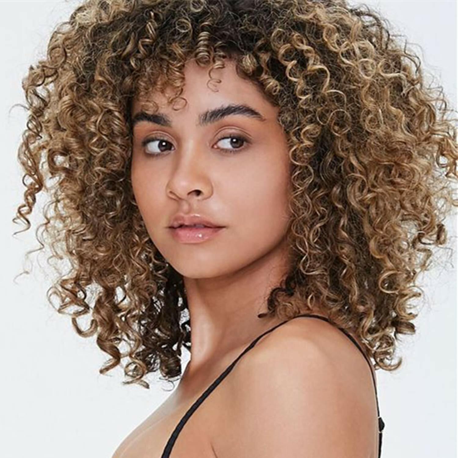 Women Ombre Blonde Short Curly Afro Wigs With Bangs Kinky Curly Wig Synthetic