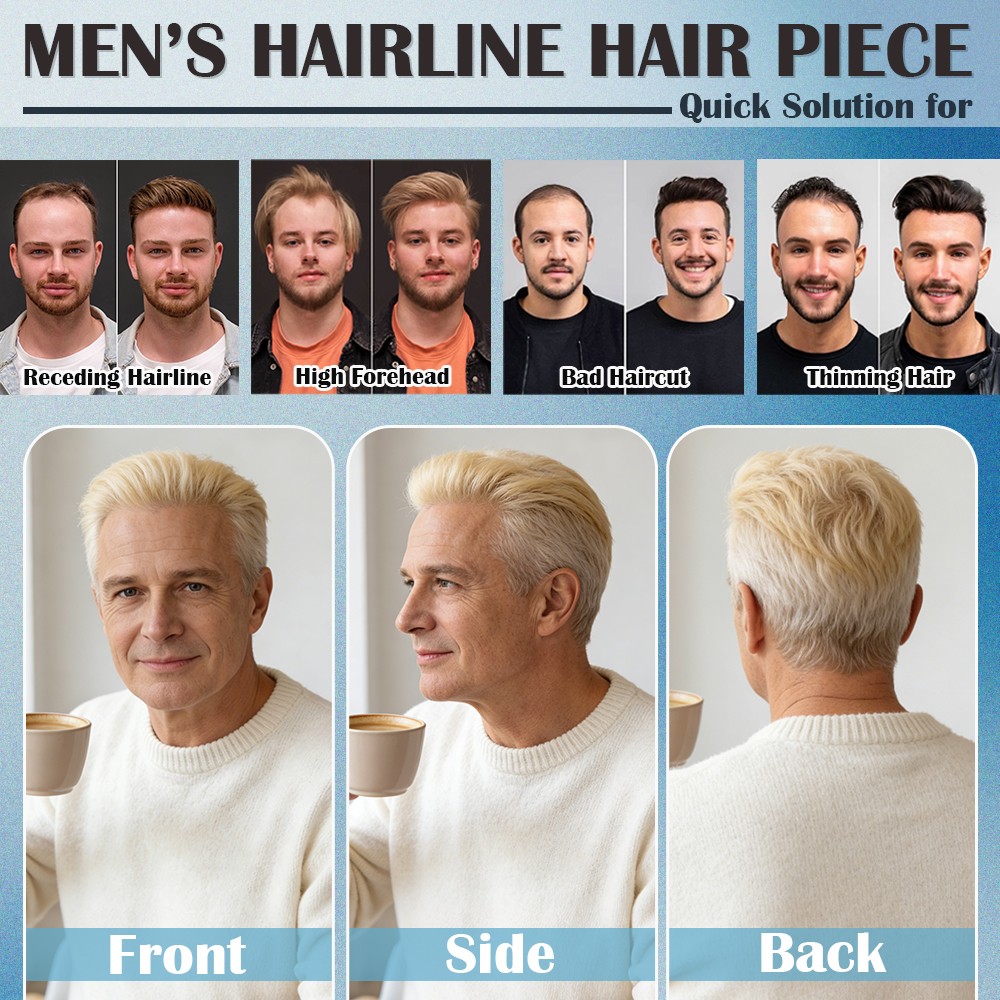 100% Real Men’s Forehead Toupee Human Hair Frontal Receding Hairline Hairpiece