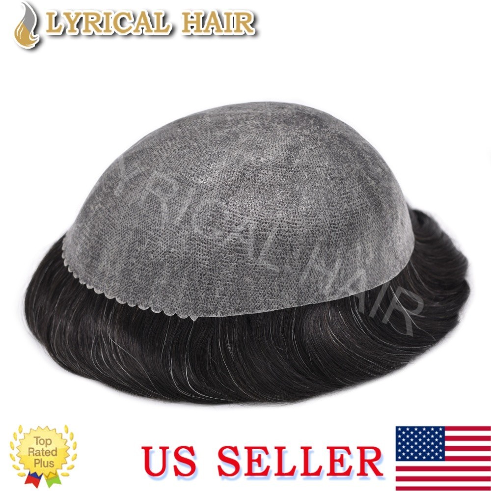 Lyrical Hair Full PU Mens Toupee Black Brown Grey Human Hair System Hairpiece US